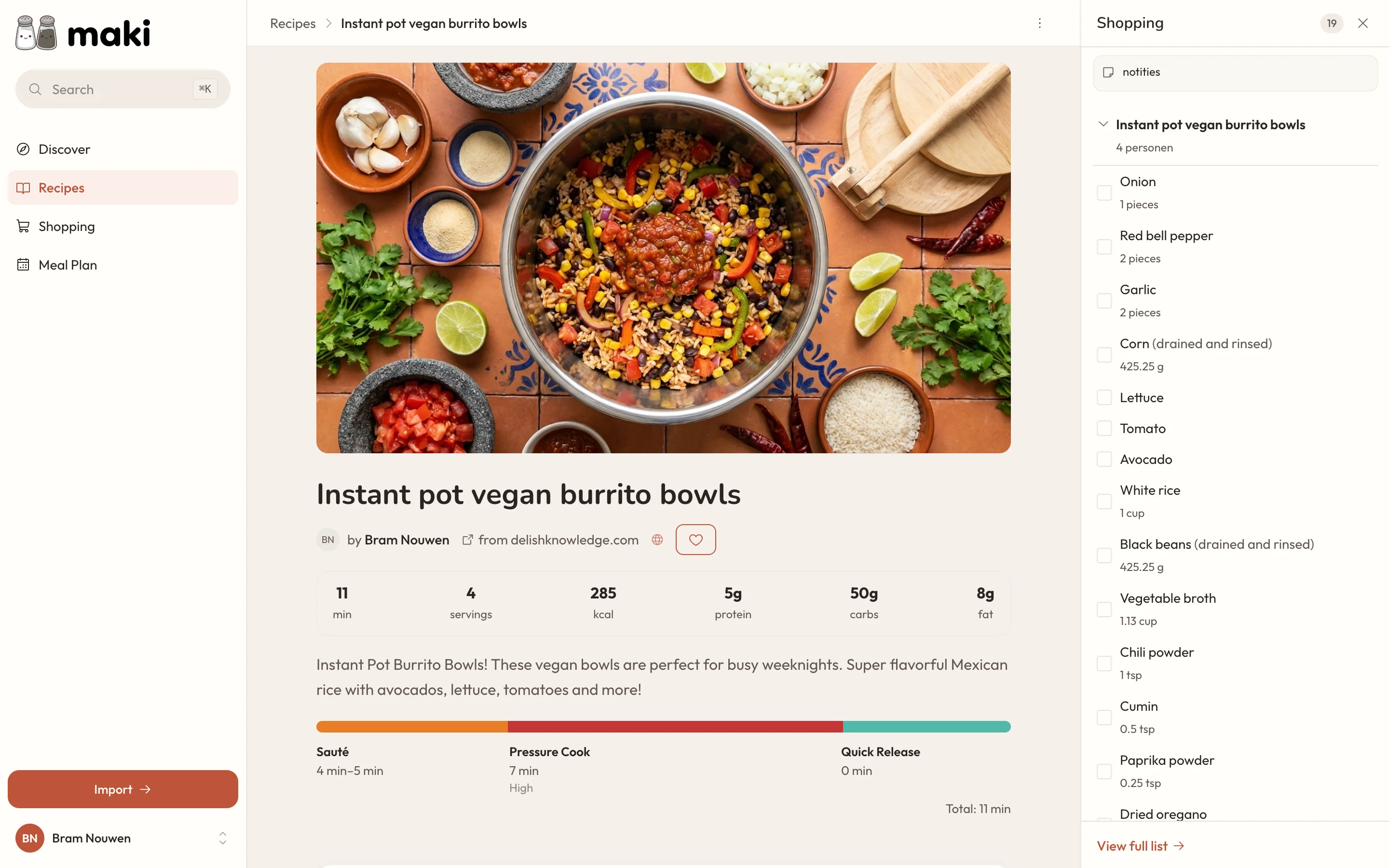 Maki receptpagina met een Instant Pot recept, foto, tijdlijn en boodschappenpaneel